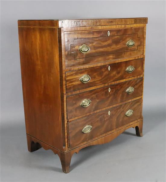 A Regency ebony strung and inlaid mahogany secretaire chest, W.3ft 2in. D.1ft 8in. H.3ft 8in.